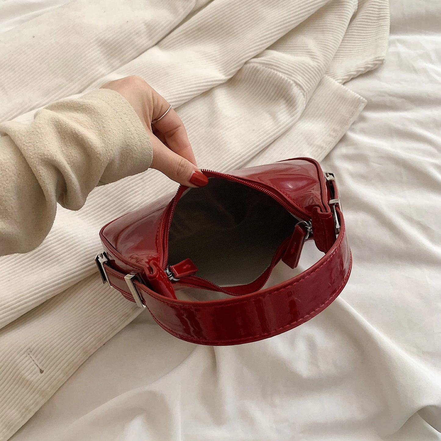 “Vintage PU leather half-moon small handbag, luxury, retro red, mini tote.”