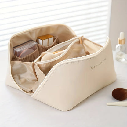 “Luxury makeup organizer bag, zippered, portable travel case for toiletries and cosmetics.”