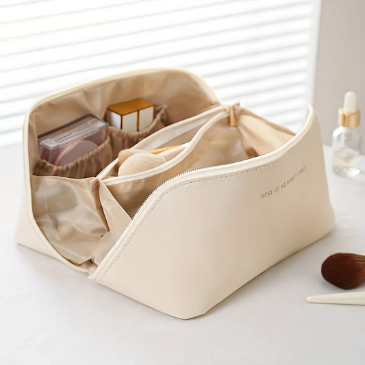 “Luxury makeup organizer bag, zippered, portable travel case for toiletries and cosmetics.”