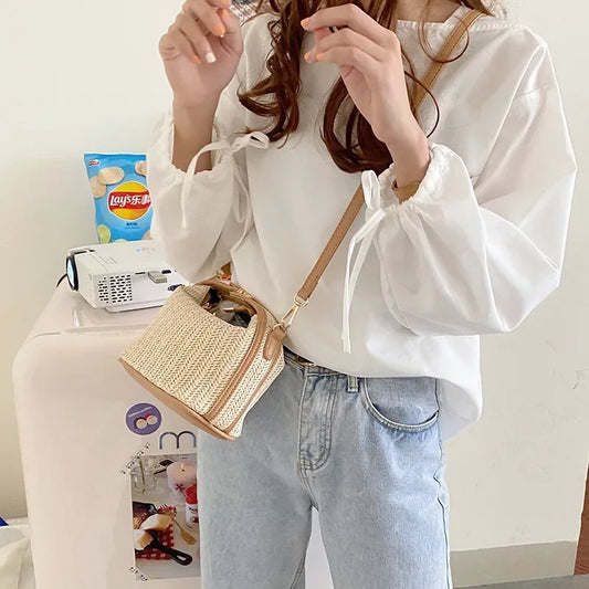 “Summer Small Straw Handbag Trendy Woven Bucket Crossbody Shoulder Bag Casual.”