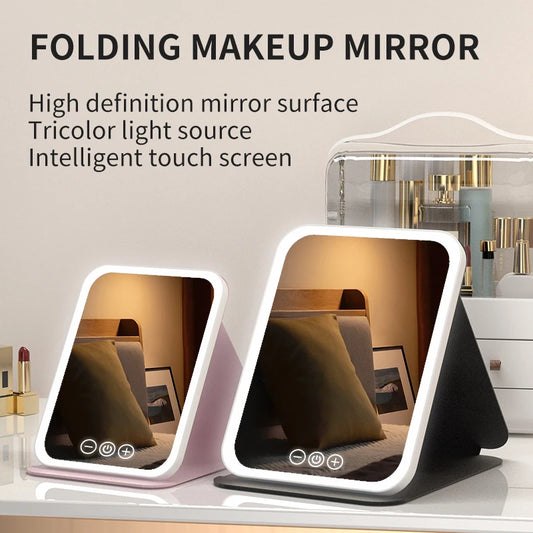 "3 Colors dimmable LED makeup mirror with touch screen, foldable, rechargeable, travel-friendly."