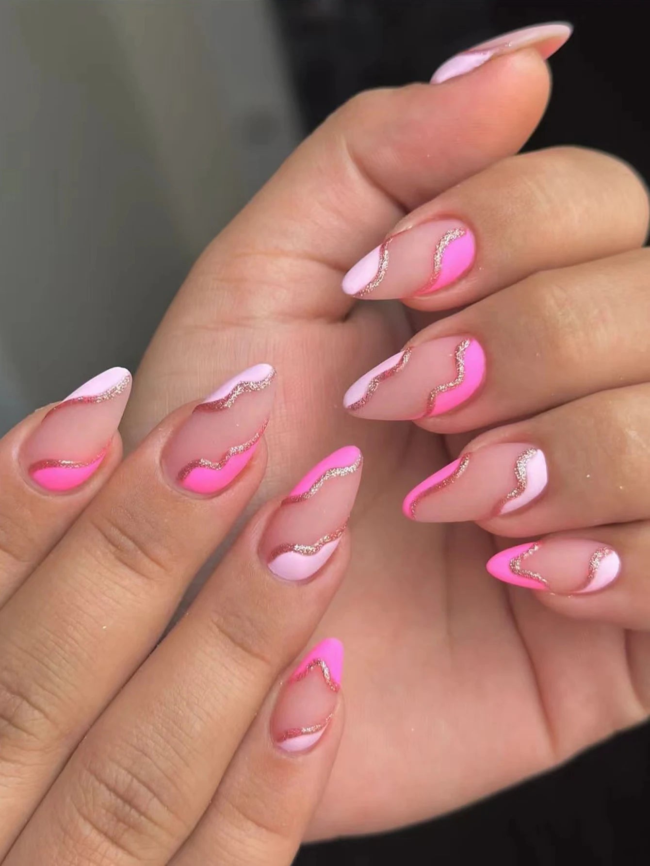 “24PCS Medium Stiletto Pink Press-On Nails – Full Cover Fake Nail Set with Love Design”