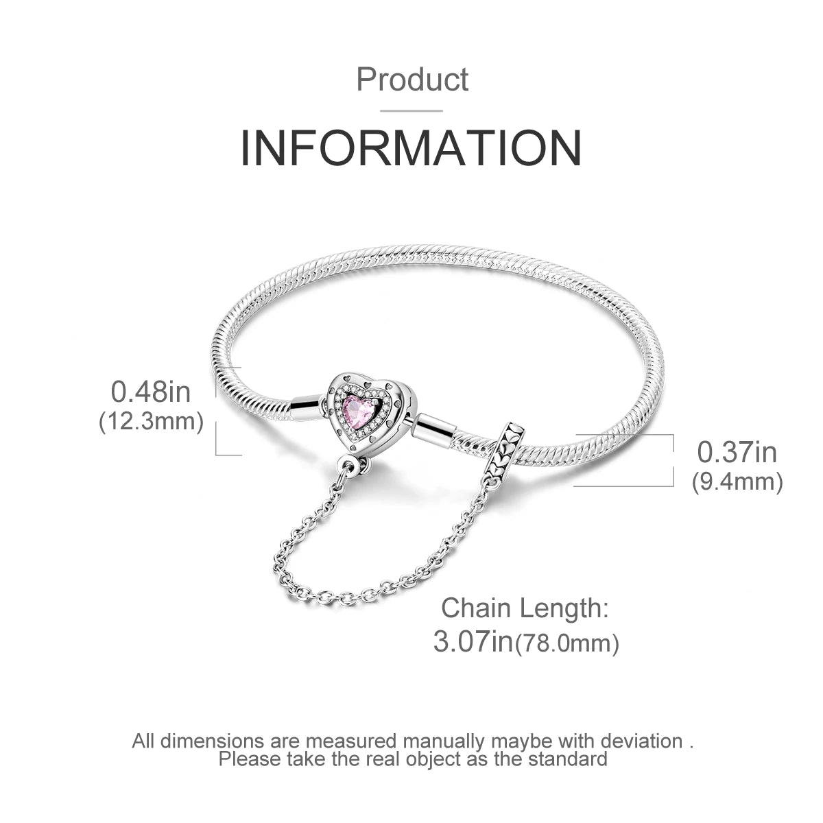 “Silver plated charm bracelet with safety chain, snake chain fits beads, perfect gift.”