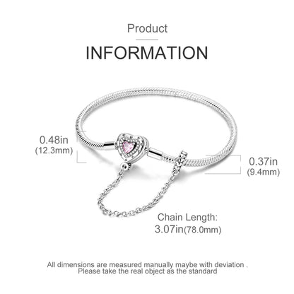 “Silver plated charm bracelet with safety chain, snake chain fits beads, perfect gift.”