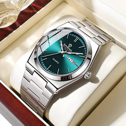 “Luxury stainless steel men’s watch, waterproof, double calendar, quartz movement.”