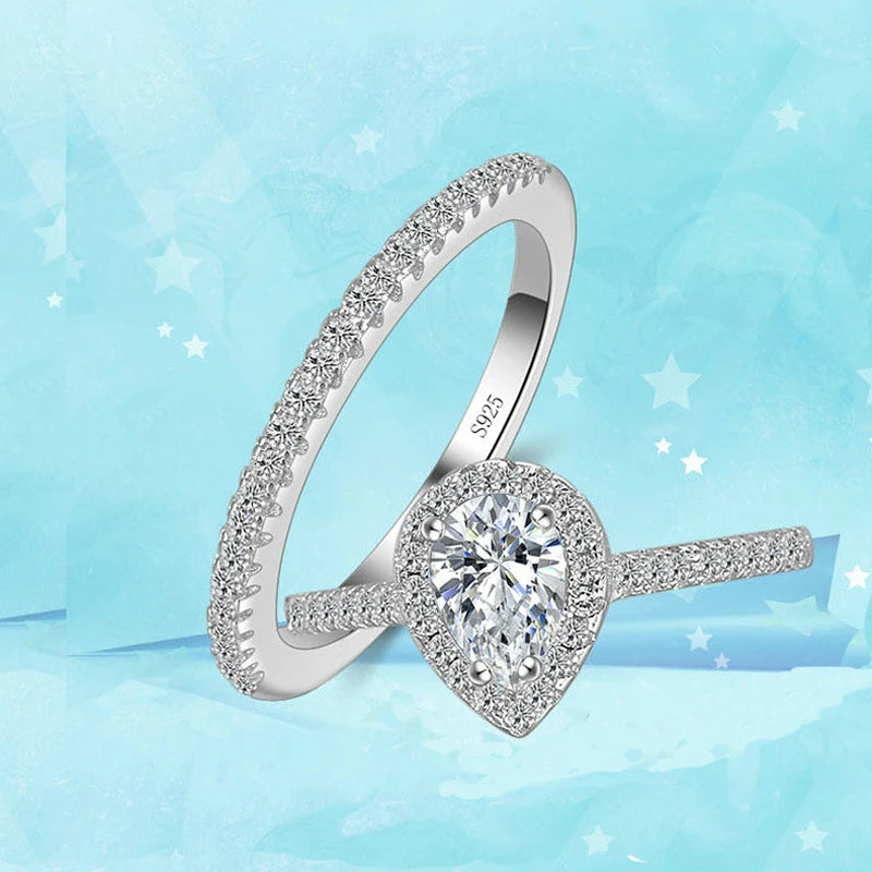“925 Sterling Silver Teardrop Zircon Engagement and Wedding Ring Set for Women.”