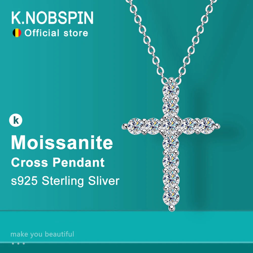 “Moissanite cross pendant necklace, 925 sterling silver, 18k white gold plated.”