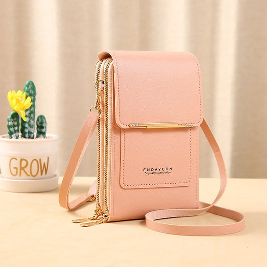 “Women’s soft leather crossbody handbag with touch screen phone purse, small wallet.”