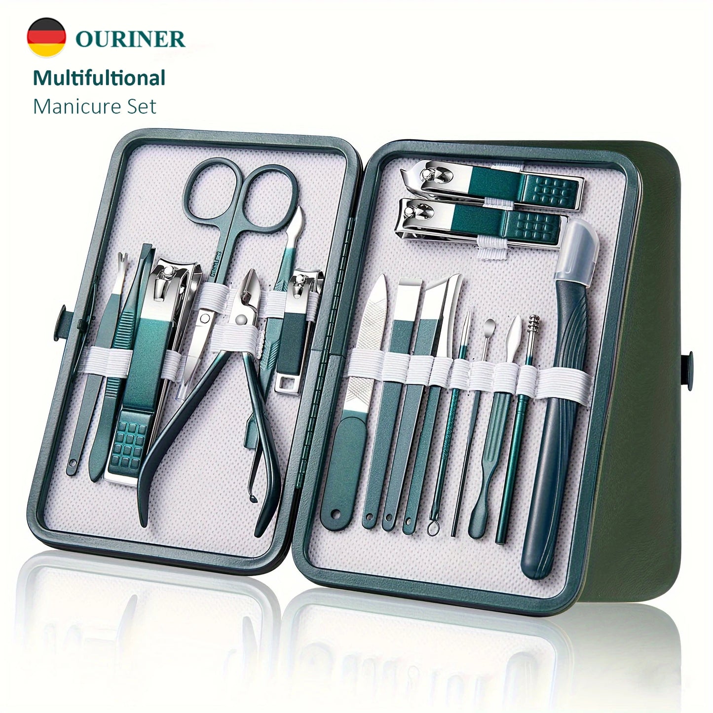 “Professional nail care kit: 7-18 pieces, stainless steel with travel case.”