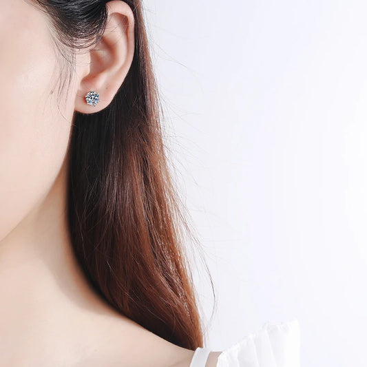 “925 Sterling Silver Six-Claw Moissanite Earrings, Elegant Design, Authentic Jewelry.”