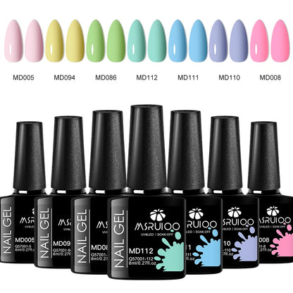 “7-piece gel polish set for DIY nail art, long-lasting soak-off UV gel.”
