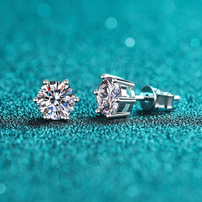 “925 Sterling Silver Six-Claw Moissanite Earrings, Elegant Design, Authentic Jewelry.”