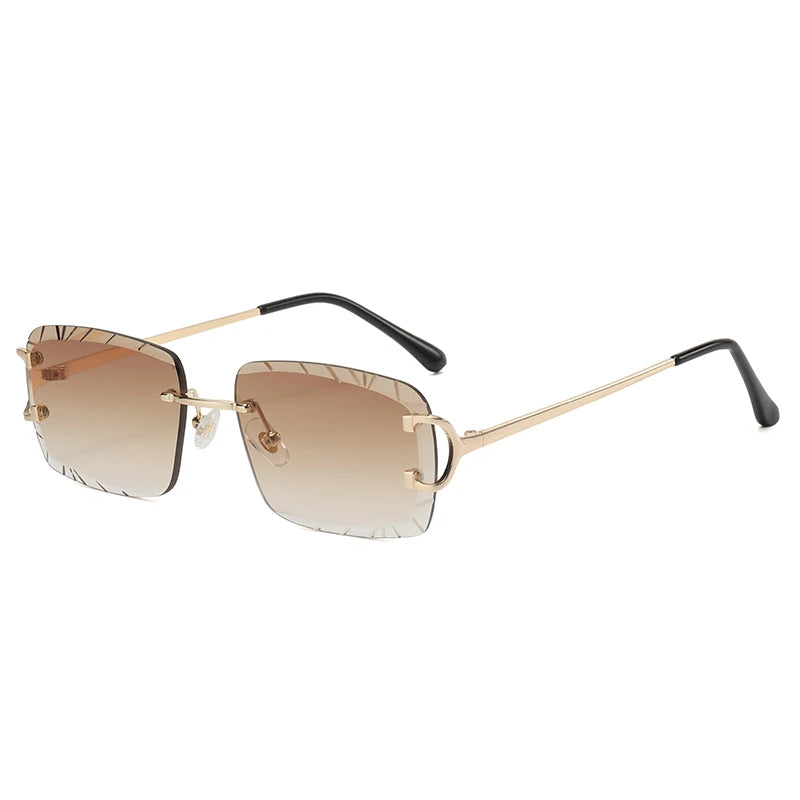“Square rimless sunglasses, trendy metal frame, high-grade unisex street style.”
