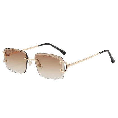 “Square rimless sunglasses, trendy metal frame, high-grade unisex street style.”