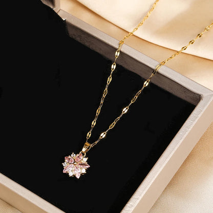 “Romantic Pink Sakura Pendant Necklace, Stainless Steel Clavicle Chain Jewelry”