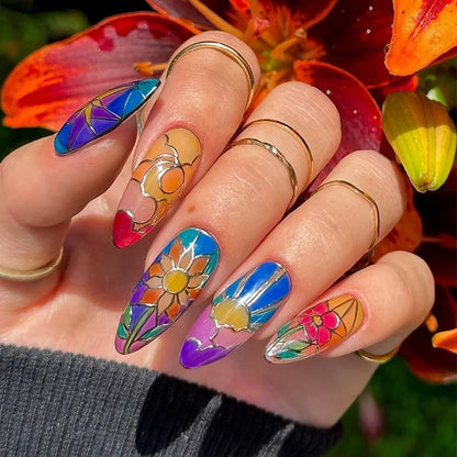 “24Pcs Matte Almond Press-On Nails – Autumn Winter Rose Leaf Design, Full Cover with Glue”