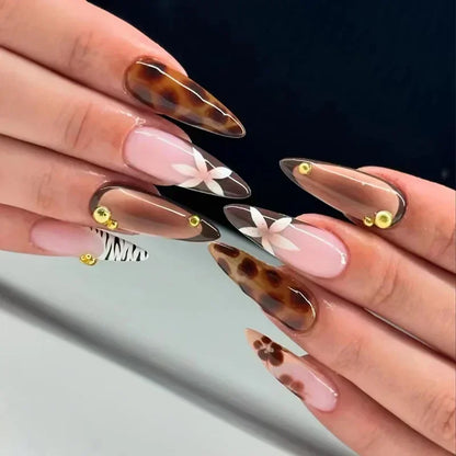 “24Pcs Matte Almond Press-On Nails – Autumn Winter Rose Leaf Design, Full Cover with Glue”