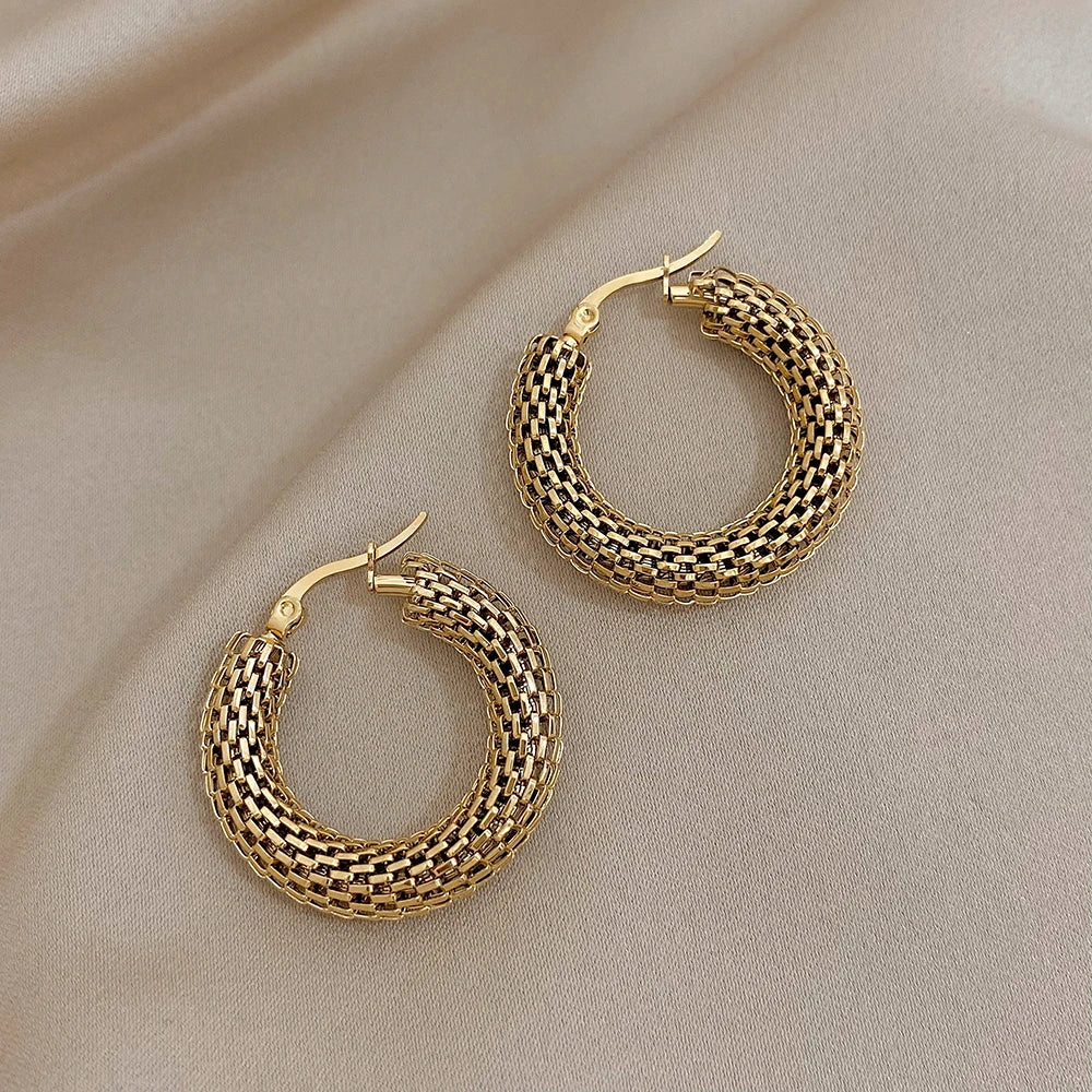 “Stainless steel gold geometric mesh hoop earrings, trendy stylish jewelry gift women.”