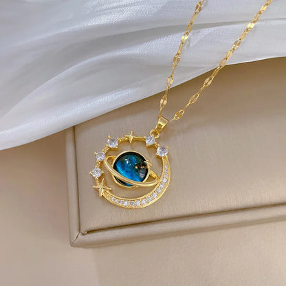 “Exquisite Starry Sky Planet Necklace – Luxurious Stainless Steel Clavicle Chain with Stars & Moon Design”