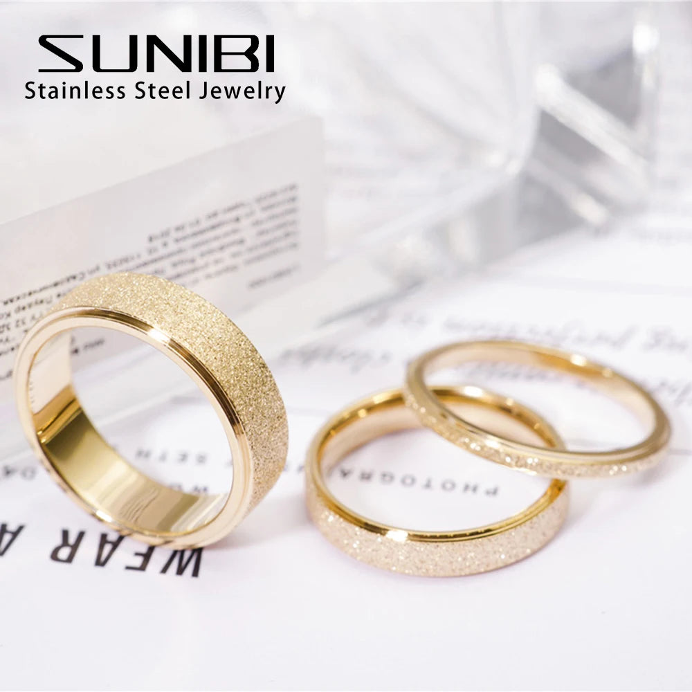 “SUNIBI Frosted Stainless Steel Ring - Simple Gold Color Wedding Jewelry for Women.”