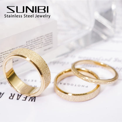 “SUNIBI Frosted Stainless Steel Ring - Simple Gold Color Wedding Jewelry for Women.”
