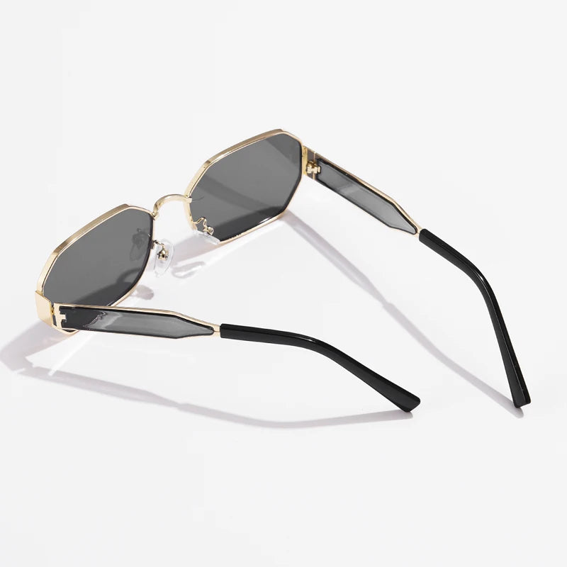 “Vintage rectangle sunglasses, retro metal frame, unisex designer black eyewear.”