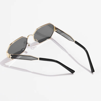 “Vintage rectangle sunglasses, retro metal frame, unisex designer black eyewear.”