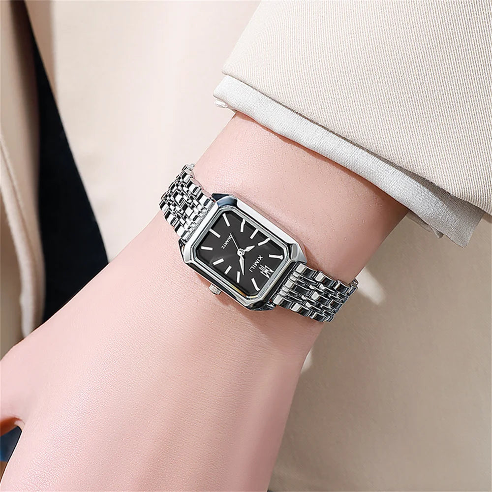 “Luxury Ladies’ Fashion Quartz Watch - Gold-Plated Square Design, Stainless Steel Strap.”