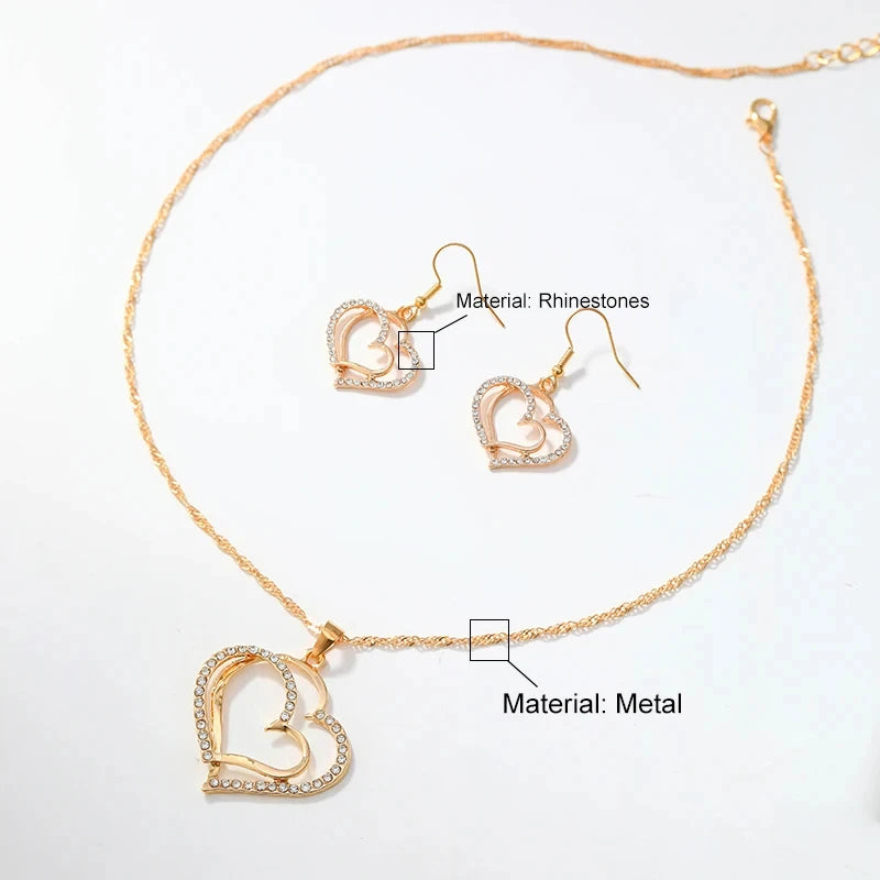 “3-Piece Heart-Shaped Jewelry Set - Earrings, Pendant, Necklace with Rhinestones.”