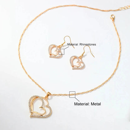 “3-Piece Heart-Shaped Jewelry Set - Earrings, Pendant, Necklace with Rhinestones.”