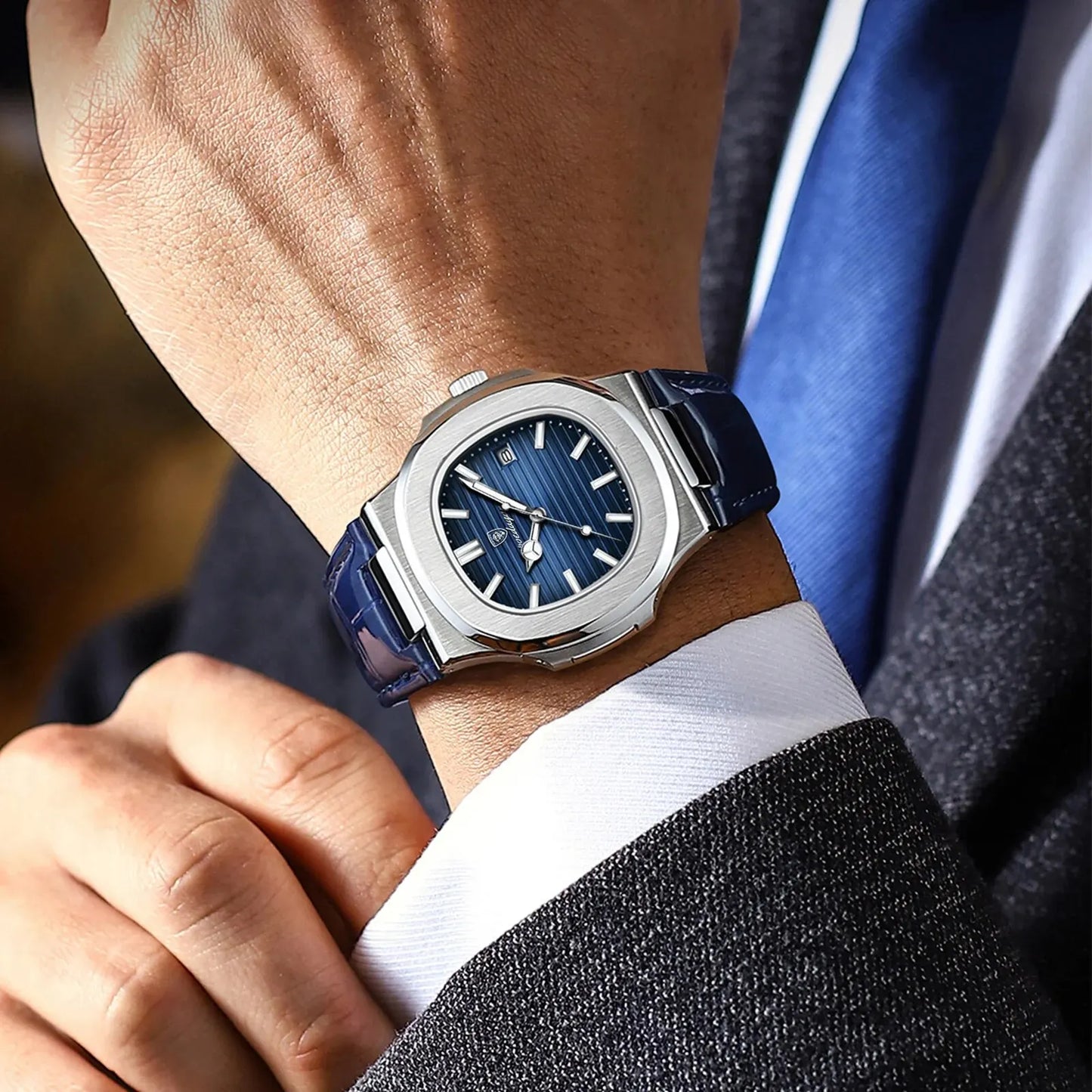 “Top Luxury Square Man Watch Date Waterproof Luminous Men’s Quartz Leather”