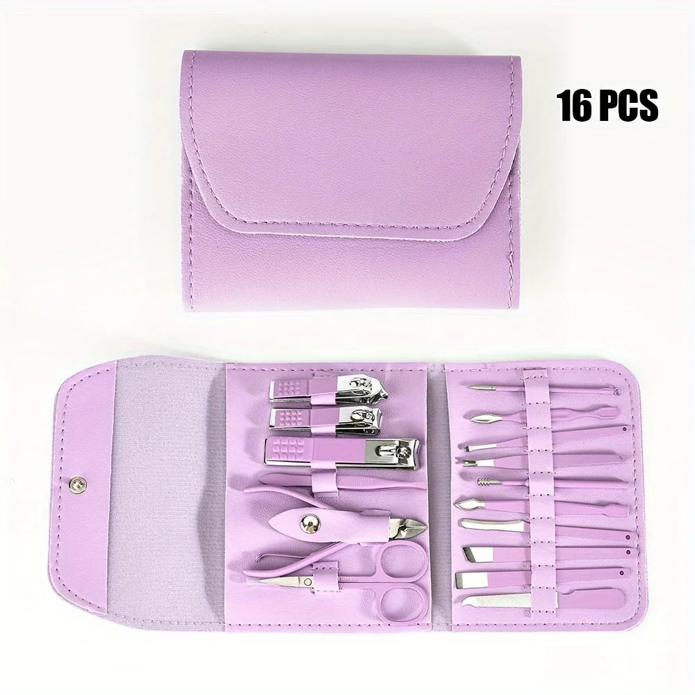 “16-piece professional manicure set with nail clippers, cuticle nippers, and travel case.”