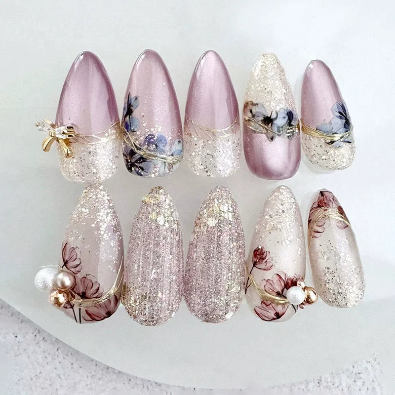 “24Pcs Matte Almond Press-On Nails – Autumn Winter Rose Leaf Design, Full Cover with Glue”