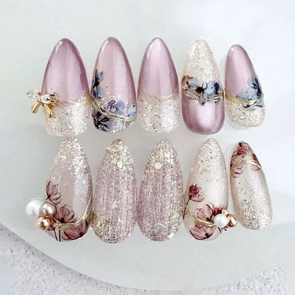 “24Pcs Matte Almond Press-On Nails – Autumn Winter Rose Leaf Design, Full Cover with Glue”