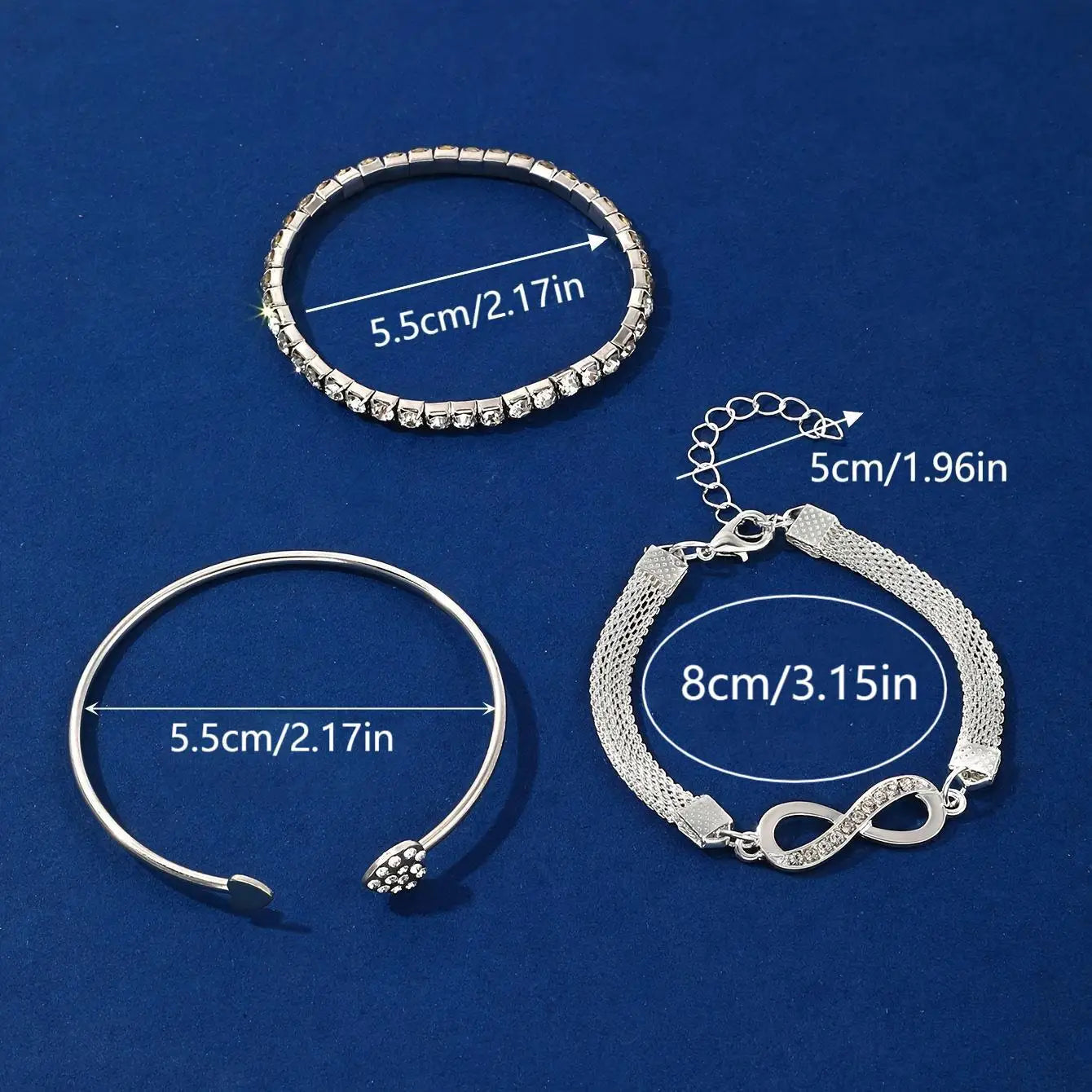 “Vintage Silver Crystal Heart Bracelet Set – Geometric Adjustable Infinity Cuff for Women”