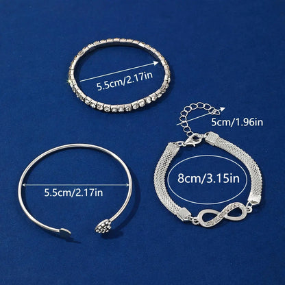 “Vintage Silver Crystal Heart Bracelet Set – Geometric Adjustable Infinity Cuff for Women”