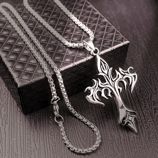 “Hip Hop Stainless Steel Flame Cross Pendant Necklace - Goth Jewelry for Men & Women.”