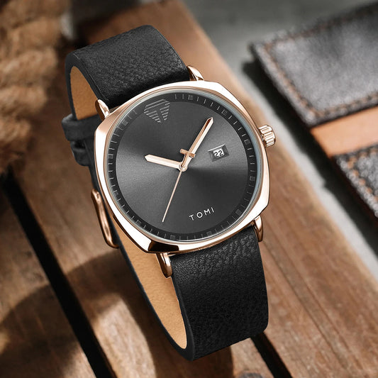 “Minimalist men’s sports watch with calendar, leather strap, casual quartz movement.”
