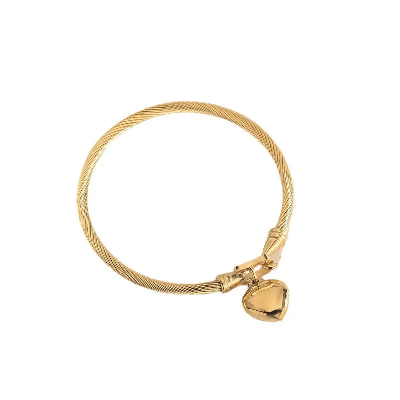 “18k Gold Color Stainless Steel Heart Pendant Charm Bangle Bracelets For Men Women”