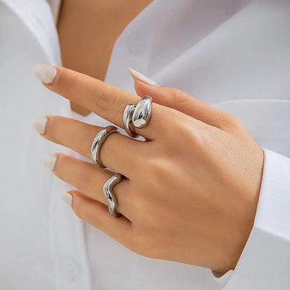 “3Pcs Geometric Wave Shaped Ring Set – Trendy, Irregular, Adjustable Open Rings for Women”