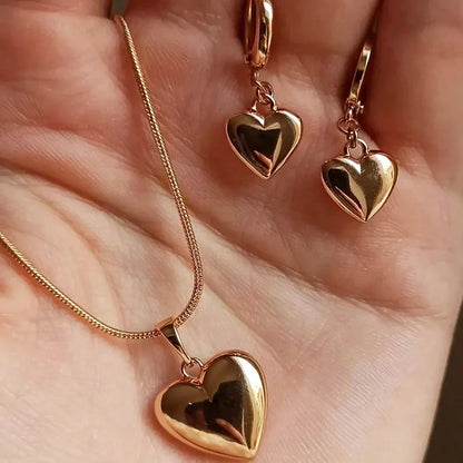 “Glossy Gold-Plated Love Heart Earrings & Necklace Set - Simple Dainty Jewelry for Women.”