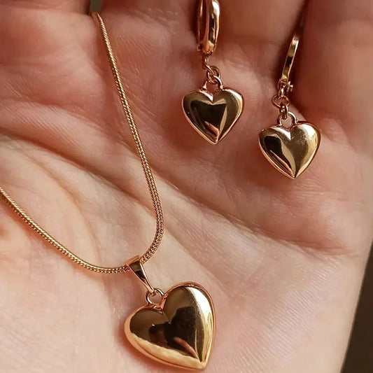 “Glossy Gold-Plated Love Heart Earrings & Necklace Set - Simple Dainty Jewelry for Women.”