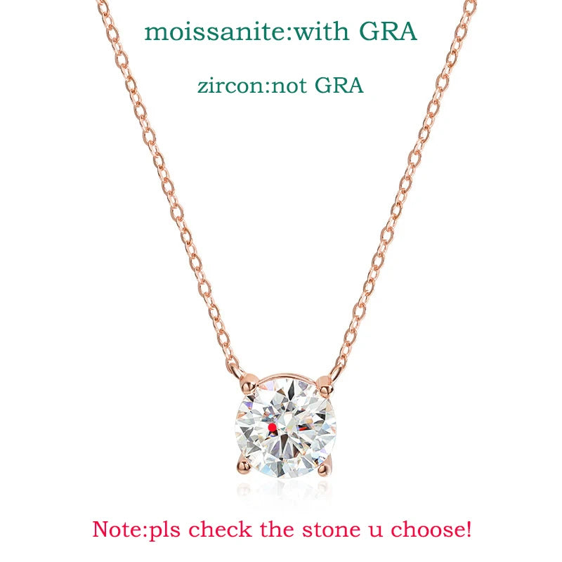 “Rose gold moissanite necklace, sparkling D color, 925 sterling silver pendant.”