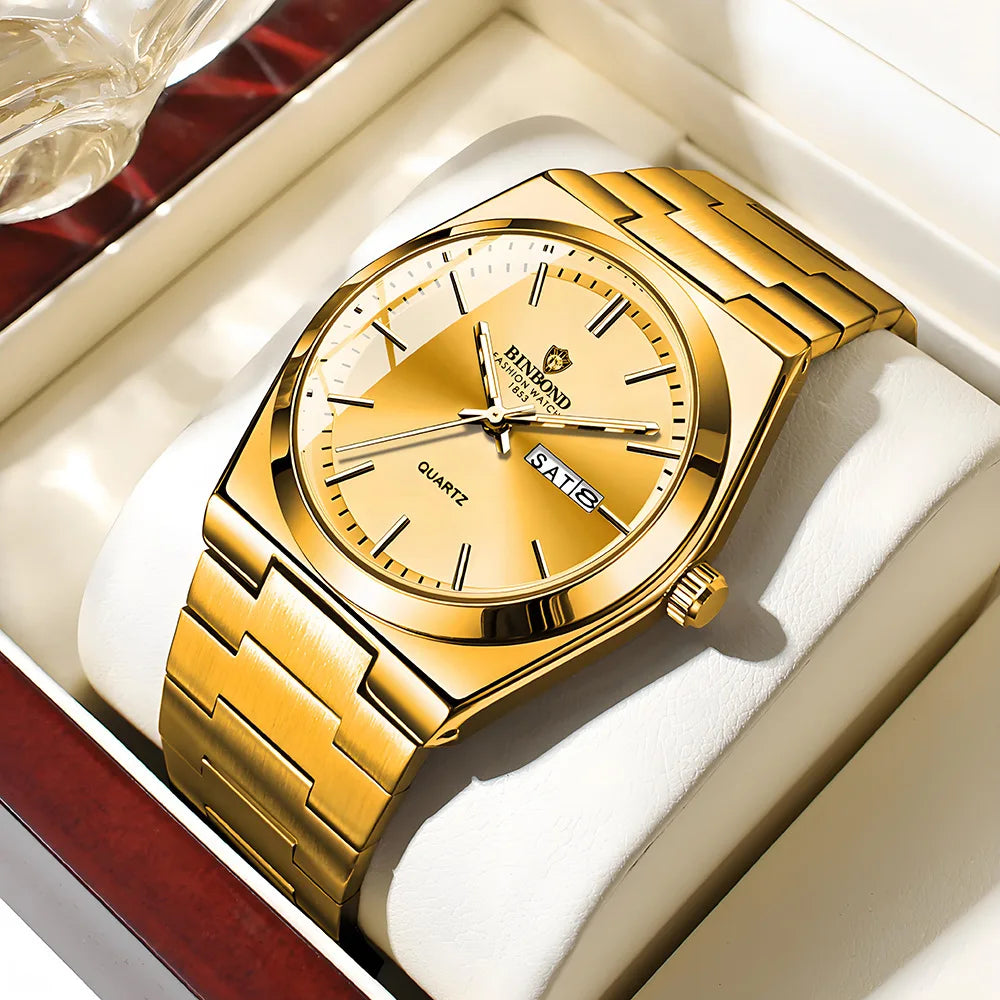 “Luxury stainless steel men’s watch, waterproof, double calendar, quartz movement.”