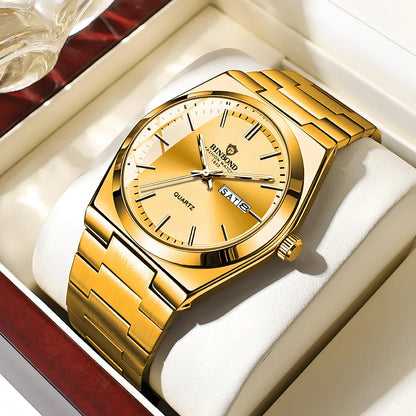 “Luxury stainless steel men’s watch, waterproof, double calendar, quartz movement.”
