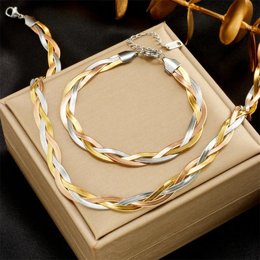 “316L Stainless Steel 3-in-1 Snake Chain Necklace & Bracelet Set - Waterproof Jewelry.”