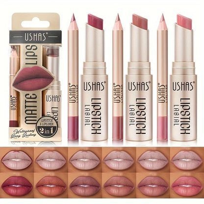 “USHAS 12-Color Matte Lipstick Set – Long-Lasting Waterproof Lipstick & Lip Liner, Non-Stick Cup”