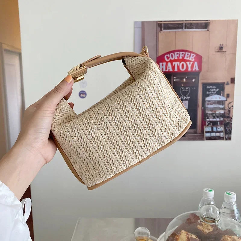 “Summer Small Straw Handbag Trendy Woven Bucket Crossbody Shoulder Bag Casual.”
