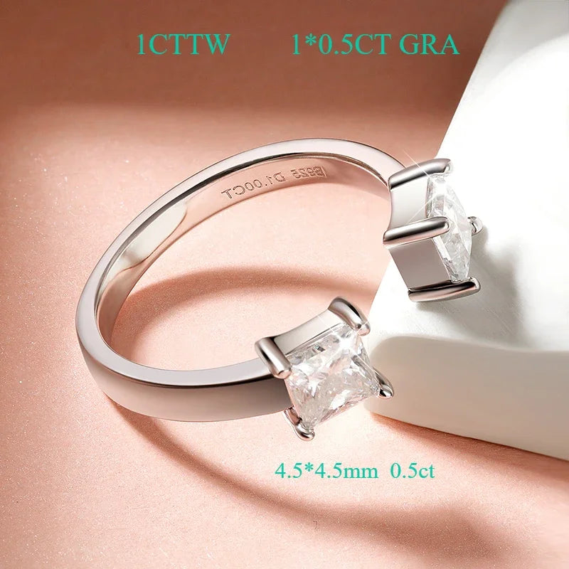 “1CTTW 4.5mm Princess-Cut Moissanite Ring, Adjustable Sterling Silver Wedding Band.”