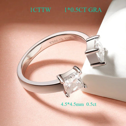 “1CTTW 4.5mm Princess-Cut Moissanite Ring, Adjustable Sterling Silver Wedding Band.”